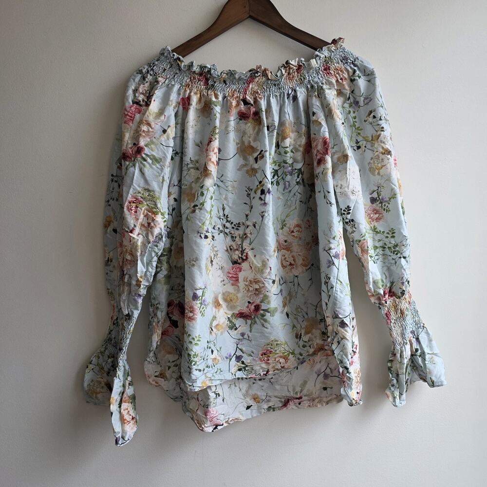 Adam Lippes Medium Off The Shoulder Silk Floral Top Quiet Luxury Boho Cottage